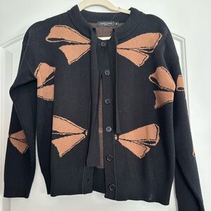 Black Cardigan with Brown Bow Design
